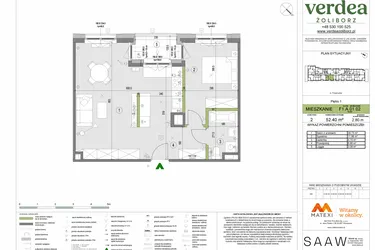 Rzut - Mieszkanie na sprzedaż 2 pokoje o powierzchni 52,4 m² - numer F1.A.01.02 w Verdea Żoliborz