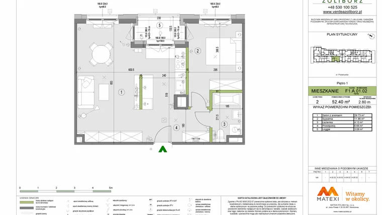 Rzut - Mieszkanie na sprzedaż 2 pokoje o powierzchni 52,4 m² - numer F1.A.01.02 w Verdea Żoliborz