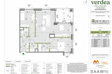 Rzut - Mieszkanie na sprzedaż 3 pokoje o powierzchni 74,81 m² - numer F1.A.01.05 w Verdea Żoliborz