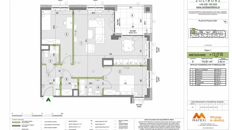 Rzut - Mieszkanie na sprzedaż 3 pokoje o powierzchni 74,81 m² - numer F1.A.01.05 w Verdea Żoliborz