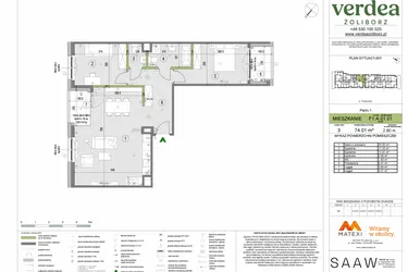 Rzut - Mieszkanie na sprzedaż 3 pokoje o powierzchni 74,01 m² - numer F1.A.01.01 w Verdea Żoliborz