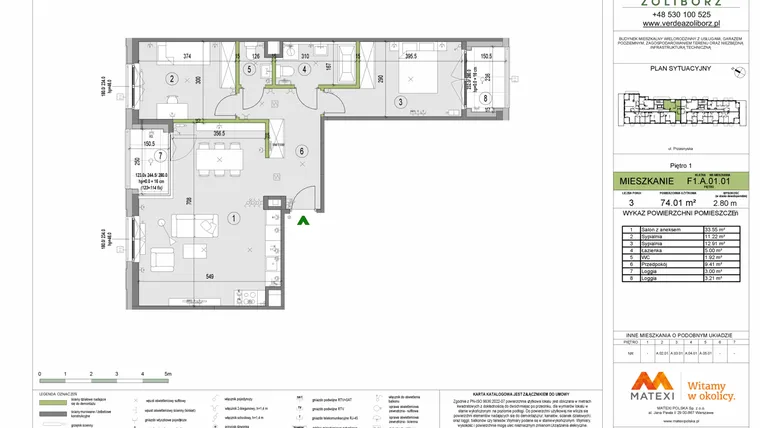 Rzut - Mieszkanie na sprzedaż 3 pokoje o powierzchni 74,01 m² - numer F1.A.01.01 w Verdea Żoliborz