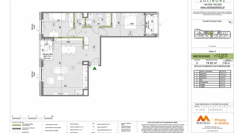 Rzut - Mieszkanie na sprzedaż 3 pokoje o powierzchni 74,02 m² - numer F1.A.02.01 w Verdea Żoliborz