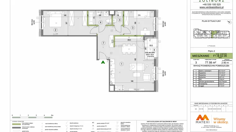 Rzut - Mieszkanie na sprzedaż 3 pokoje o powierzchni 77,56 m² - numer F1.B.02.06 w Verdea Żoliborz