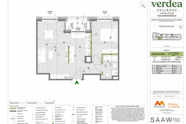 Rzut - Mieszkanie na sprzedaż 2 pokoje o powierzchni 50,53 m² - numer F1.A.02.03 w Verdea Żoliborz