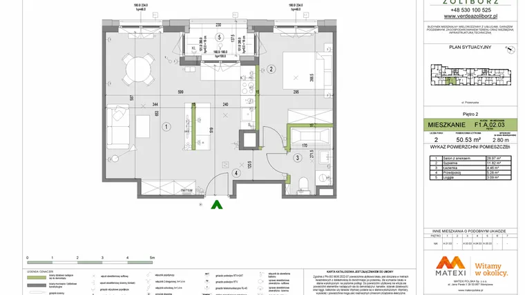 Rzut - Mieszkanie na sprzedaż 2 pokoje o powierzchni 50,53 m² - numer F1.A.02.03 w Verdea Żoliborz
