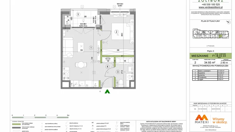 Rzut - Mieszkanie na sprzedaż 2 pokoje o powierzchni 34,93 m² - numer F1.B.03.03 w Verdea Żoliborz