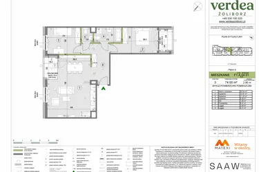 Rzut - Mieszkanie na sprzedaż 3 pokoje o powierzchni 74 m² - numer F1.A.04.01 w Verdea Żoliborz