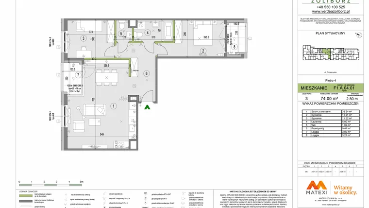 Rzut - Mieszkanie na sprzedaż 3 pokoje o powierzchni 74 m² - numer F1.A.04.01 w Verdea Żoliborz