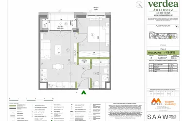 Rzut - Mieszkanie na sprzedaż 2 pokoje o powierzchni 34,93 m² - numer F1.B.04.03 w Verdea Żoliborz