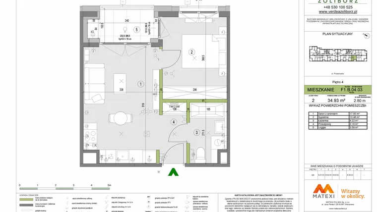 Rzut - Mieszkanie na sprzedaż 2 pokoje o powierzchni 34,93 m² - numer F1.B.04.03 w Verdea Żoliborz