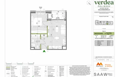 Rzut - Mieszkanie na sprzedaż 2 pokoje o powierzchni 34,6 m² - numer F1.B.04.04 w Verdea Żoliborz