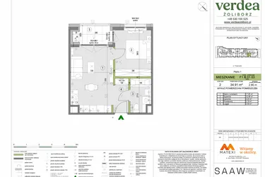 Rzut - Mieszkanie na sprzedaż 2 pokoje o powierzchni 34,91 m² - numer F1.B.01.03 w Verdea Żoliborz