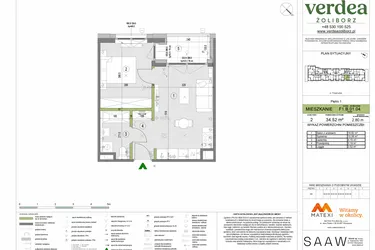 Rzut - Mieszkanie na sprzedaż 2 pokoje o powierzchni 34,52 m² - numer F1.B.01.04 w Verdea Żoliborz