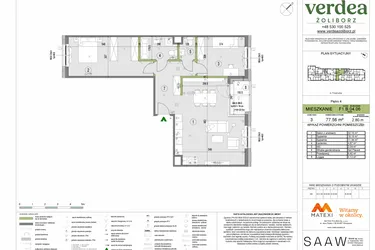 Rzut - Mieszkanie na sprzedaż 3 pokoje o powierzchni 77,56 m² - numer F1.B.04.06 w Verdea Żoliborz