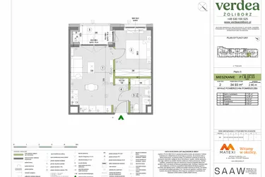 Rzut - Mieszkanie na sprzedaż 2 pokoje o powierzchni 34,93 m² - numer F1.B.05.03 w Verdea Żoliborz