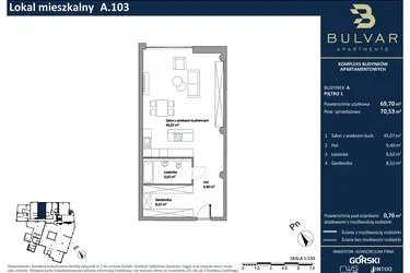 Rzut - Mieszkanie na sprzedaż 1 pokój o powierzchni 69,7 m² - numer A.103 w Bulvar Apartments - etap I