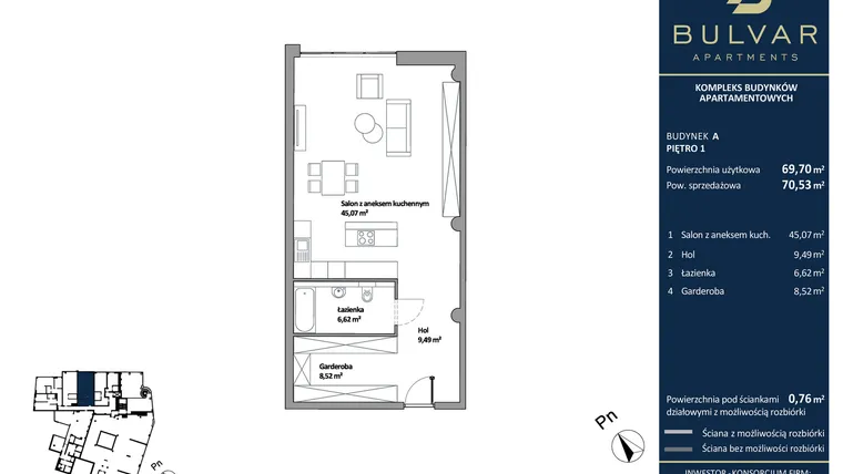 Rzut - Mieszkanie na sprzedaż 1 pokój o powierzchni 69,7 m² - numer A.103 w Bulvar Apartments - etap I