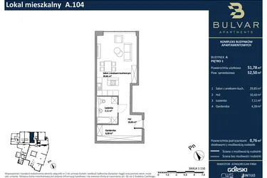 Rzut - Mieszkanie na sprzedaż 1 pokój o powierzchni 51,78 m² - numer A.104 w Bulvar Apartments - etap I