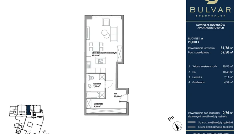 Rzut - Mieszkanie na sprzedaż 1 pokój o powierzchni 51,78 m² - numer A.104 w Bulvar Apartments - etap I