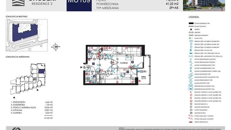 Rzut - Mieszkanie na sprzedaż 2 pokoje o powierzchni 41,22 m² - numer MU109 w Chodźki Residence 2 - apartamenty inwestycyjne