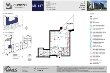 Rzut - Mieszkanie na sprzedaż 1 pokój o powierzchni 44,24 m² - numer MU147 w Chodźki Residence 2 - apartamenty inwestycyjne