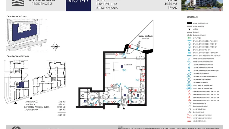 Rzut - Mieszkanie na sprzedaż 1 pokój o powierzchni 44,24 m² - numer MU147 w Chodźki Residence 2 - apartamenty inwestycyjne