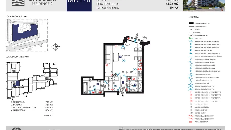 Rzut - Mieszkanie na sprzedaż 1 pokój o powierzchni 44,24 m² - numer MU178 w Chodźki Residence 2 - apartamenty inwestycyjne
