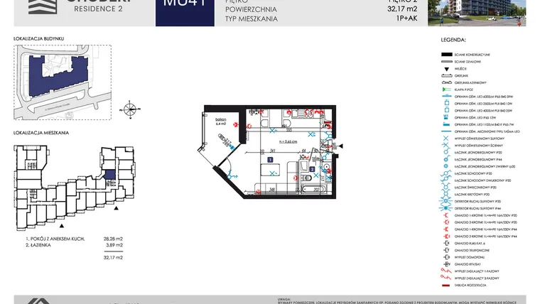Rzut - Mieszkanie na sprzedaż 1 pokój o powierzchni 32,17 m² - numer MU41 w Chodźki Residence 2 - apartamenty inwestycyjne