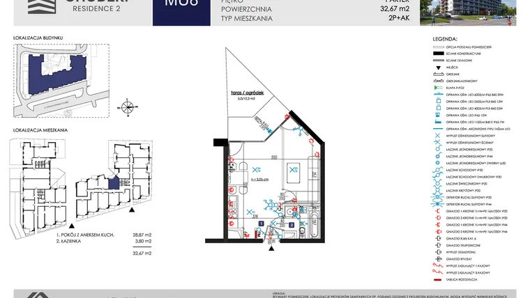 Rzut - Mieszkanie na sprzedaż 1 pokój o powierzchni 32,67 m² - numer MU8 w Chodźki Residence 2 - apartamenty inwestycyjne