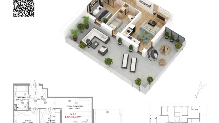 Rzut - Mieszkanie na sprzedaż 3 pokoje o powierzchni 53,23 m² - numer 1 w Villa Park - Etap IV