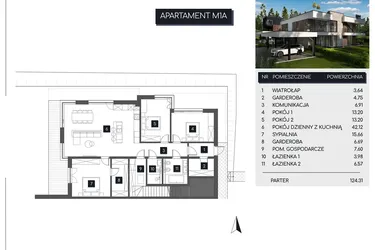 Rzut - Mieszkanie na sprzedaż 4 pokoje o powierzchni 124,31 m² - numer M1A w Apartamenty pod Stokiem