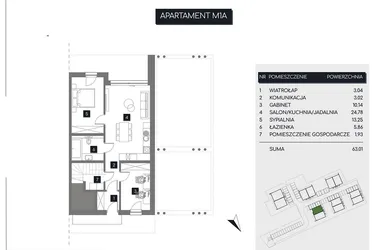 Rzut - Mieszkanie na sprzedaż 3 pokoje o powierzchni 63,02 m² - numer M1A w Rudava Park