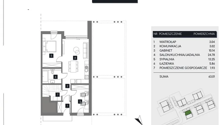 Rzut - Mieszkanie na sprzedaż 3 pokoje o powierzchni 63,02 m² - numer M1A w Rudava Park