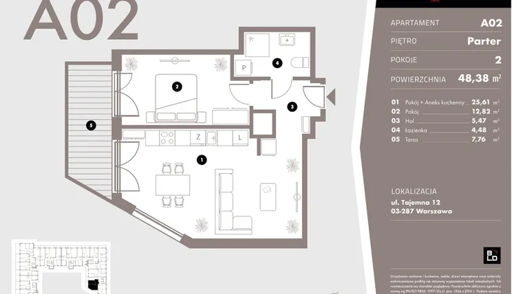 Rzut - Mieszkanie na sprzedaż 2 pokoje o powierzchni 48,38 m² - numer A02 w Livo