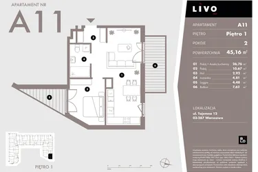 Rzut - Mieszkanie na sprzedaż 2 pokoje o powierzchni 45,16 m² - numer A11 w Livo