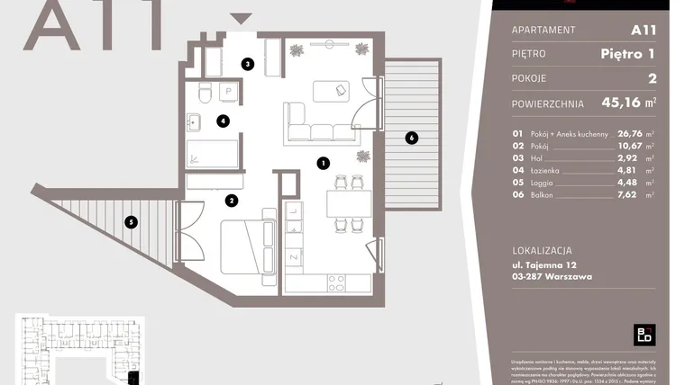 Rzut - Mieszkanie na sprzedaż 2 pokoje o powierzchni 45,16 m² - numer A11 w Livo