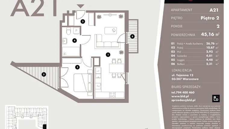 Rzut - Mieszkanie na sprzedaż 2 pokoje o powierzchni 45,16 m² - numer A21 w Livo