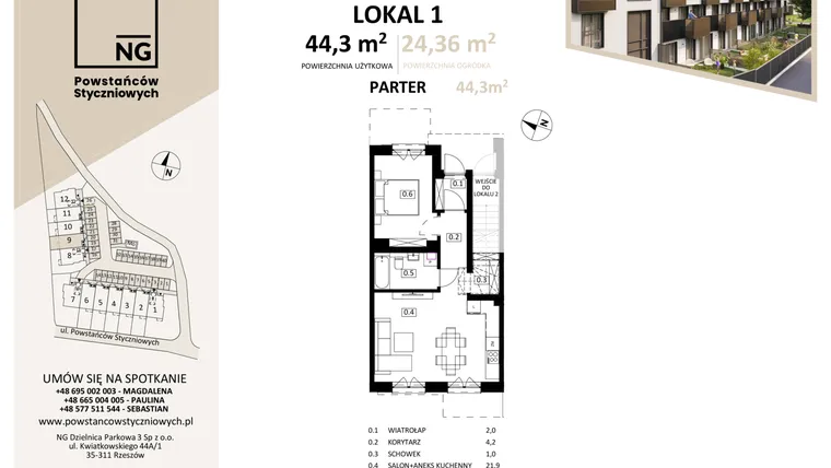 Rzut - Mieszkanie na sprzedaż 1 pokój o powierzchni 44,2 m² - numer 9 w Powstańców Styczniowych