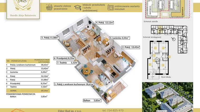 Rzut - Mieszkanie na sprzedaż 4 pokoje o powierzchni 69,54 m² - numer A.3 w Aleja Bohaterów