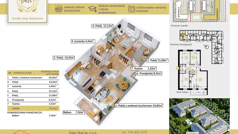 Rzut - Mieszkanie na sprzedaż 4 pokoje o powierzchni 75,75 m² - numer A.2 w Aleja Bohaterów
