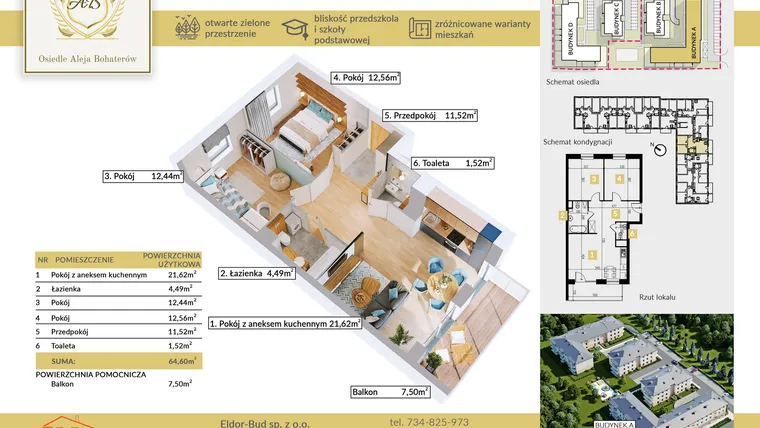 Rzut - Mieszkanie na sprzedaż 3 pokoje o powierzchni 64,6 m² - numer A.18 w Aleja Bohaterów