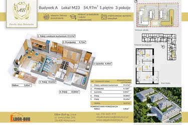 Rzut - Mieszkanie na sprzedaż 3 pokoje o powierzchni 54,97 m² - numer A.23 w Aleja Bohaterów