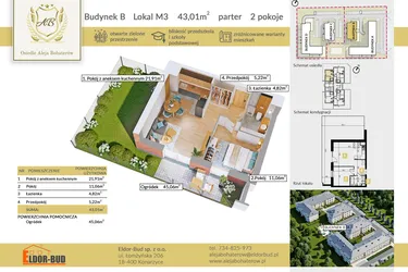 Rzut - Mieszkanie na sprzedaż 2 pokoje o powierzchni 43,01 m² - numer B.3 w Aleja Bohaterów