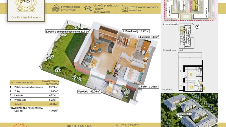 Rzut - Mieszkanie na sprzedaż 2 pokoje o powierzchni 43,01 m² - numer B.3 w Aleja Bohaterów