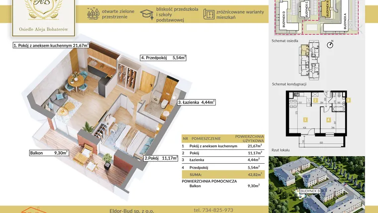 Rzut - Mieszkanie na sprzedaż 2 pokoje o powierzchni 42,82 m² - numer B.8 w Aleja Bohaterów