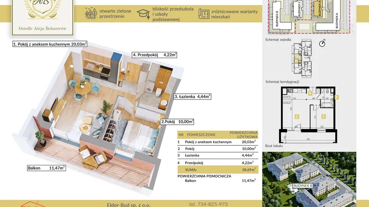 Rzut - Mieszkanie na sprzedaż 2 pokoje o powierzchni 38,69 m² - numer B.12 w Aleja Bohaterów