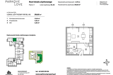 Rzut - Mieszkanie na sprzedaż 1 pokój o powierzchni 29,63 m² - numer BL.46 w Parkove Love - apartamenty inwestycyjne