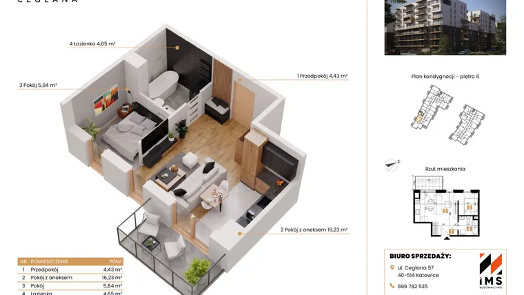 Rzut - Mieszkanie na sprzedaż 1 pokój o powierzchni 31,14 m² - numer D.6.5 w Rondo Ceglana etap II