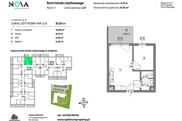 Rzut - Mieszkanie na sprzedaż 2 pokoje o powierzchni 31,01 m² - numer L.U. 3 w Nova Radiostacja - apartamenty inwestycyjne
